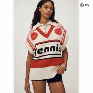 Maeve by Anthropologie V Neck and Button Up Red and Cream Tennis Sweater